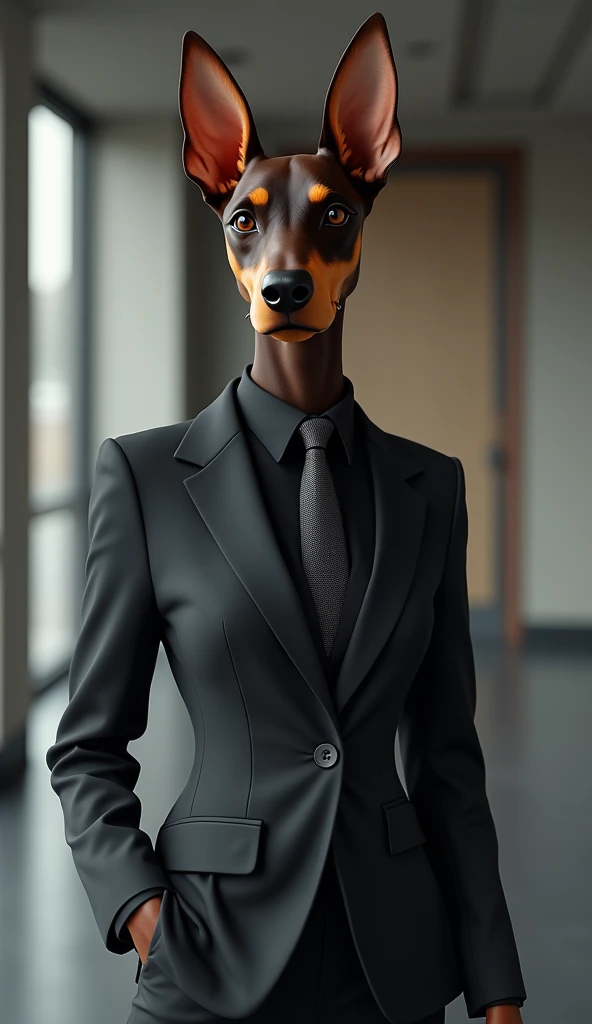 Doberman femelle anthropomorphe, portant un costards de travail. Style Photorealiste 8k