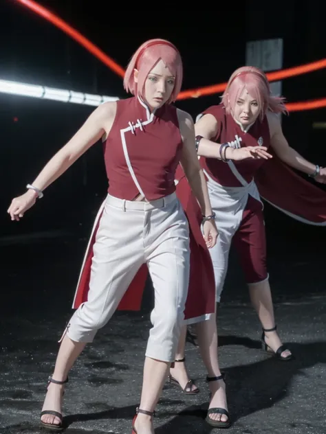 ((((Fat)))) haruno sakura, red sleeveless dress, white pants, bracelets, forehead mark, red hairband, uchiha crest