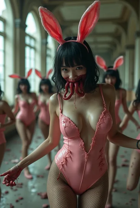 photo,a group of beautiful korean female zombie,beautiful face,rotten skin,large breasts,bunny girl costume,torned baby pink latex leotard,fishnet tights,stick red tentacle out from their mouth,ruined hotel lobby,dancing,looking at viewer,wide shot