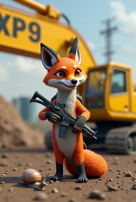 Fox with gun with snail on shoulder .  Yellow excavator in the background with xp9 lettering