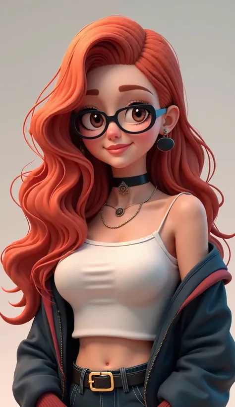 Create a cute and realistic 3D rendering, 1girl, earrings, glasses, hoop earrings, android 21, jewelry, solo, black-framed eyewear, off shoulder, breasts, belt, looking at viewer, choker, red hair, bare shoulders, very long hair, medium breasts, collarbone...