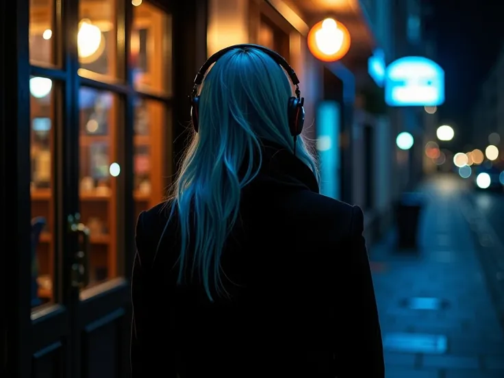 A strikingly beautiful 25-year-old woman with blue hair stands in front of a pub at night, on her way to enter. She wears elegant winter clothes, gothic style. We see her from behind, she has long hair and headphones on, she is flawless. Outside the place ...