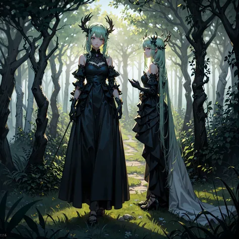 (((masterpiece, best quality, high detailed, 16k))) (1girl) A hauntingly beautiful guardian of the spectral forest, her hair is deep green, with flowers and leaves intertwined. Her eyes glow with a soft, ethereal light. She wears a dress made of vines and ...