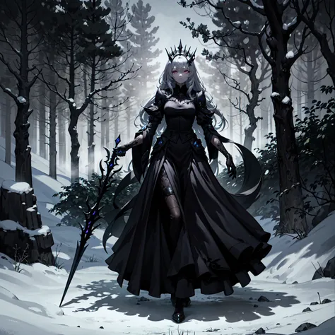 (((masterpiece, best quality, high detailed, 16k))) (1girl) A mysterious queen cloaked in living shadows, her glowing silver eyes piercing through the darkness. Her skin is dark, ashen gray, and her long black cloak swirls around her like liquid night. She...