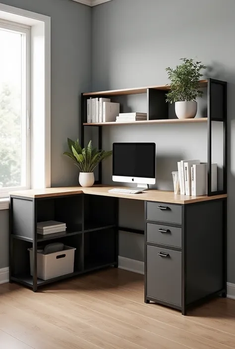 Give me image for a L Shape Computer Desk with Storage Cabinet Shelves, Reversible Modern Industrial Home Office Corner Desk