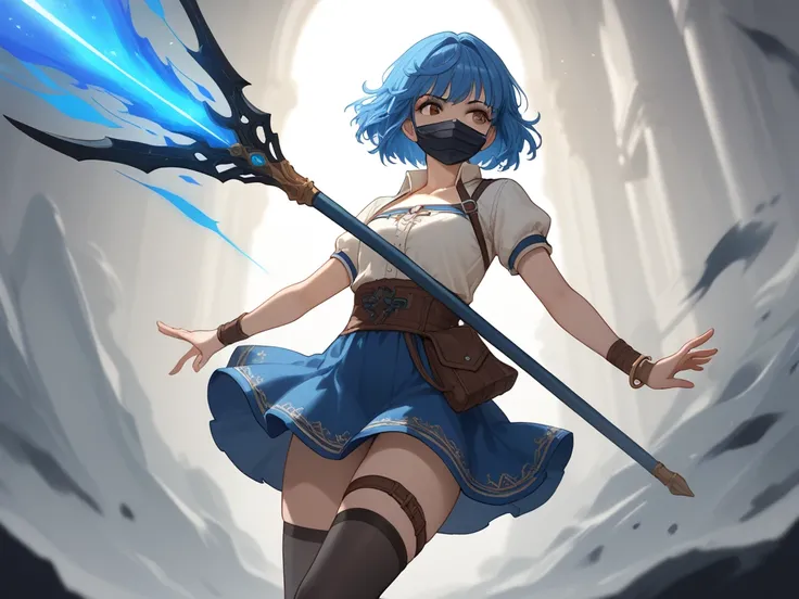 A young female character with blue hair, M-shaped bangs and a fancy French-style braided hairstyle. She has brown eyes, an innocent yet mysterious expression, and a slightly self-conscious aura. She wears a chest-opening high-neck shirt and a super short s...