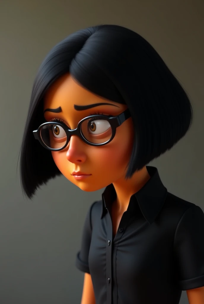 All orange black-haired man from the movie "cattivissimo me"  set in profile to the left ,  with bob hair and round eyeglasses looking in the serious room