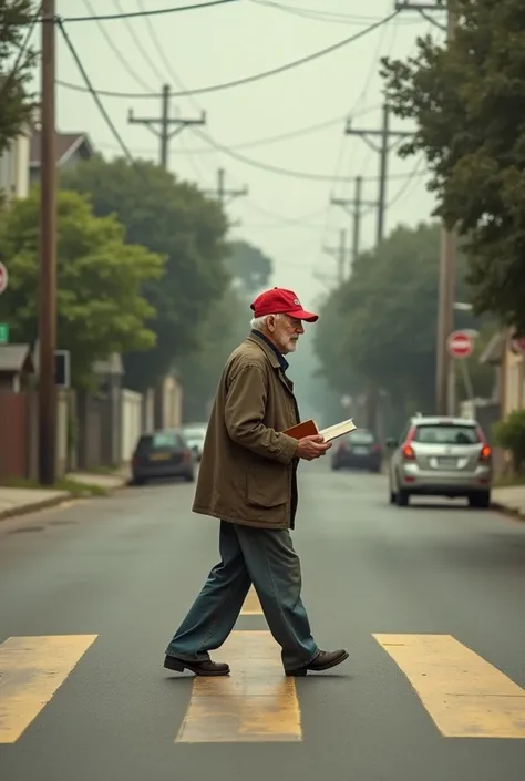 s old boy and he wear a red cap and also have a book in his hand and crossing a street around houses 