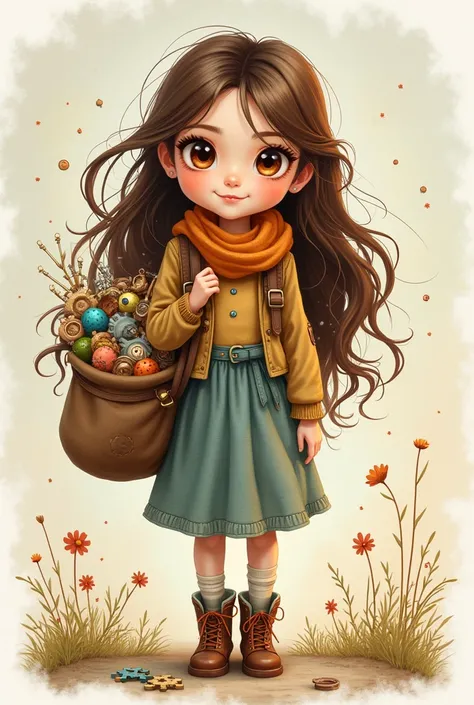 cute drawing style: a teenage girl. She has brown hair and dark brown eyes. She is carrying a bag full of puzzle pieces, locks or random stuff she uses to unlock things