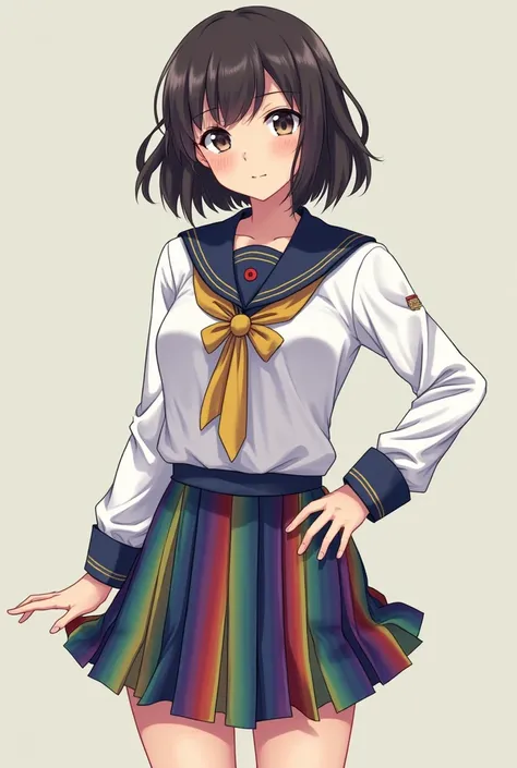 a realistic Japanese school uniform that the blouse should be coloured rainbow, and the tie or bow should be also color rainbow, and its skirt should also colored rainbow with a hint of gold lines Only the uniform not a person