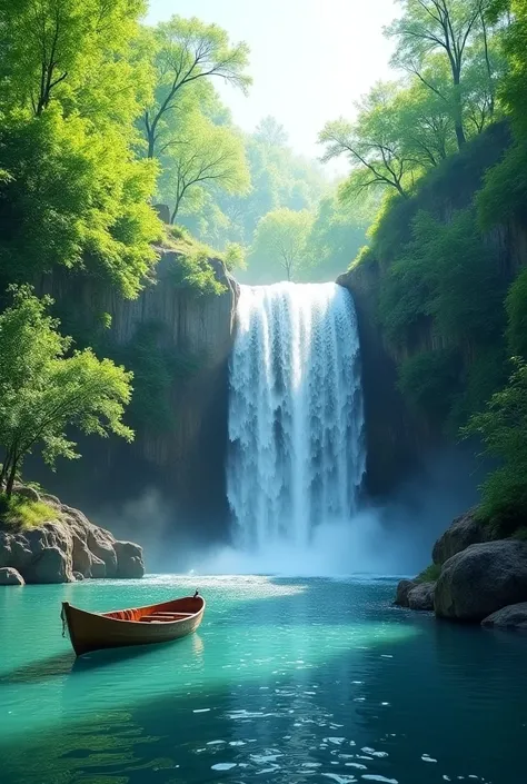 Sure! Here’s the prompt you can use or modify for generating similar images:  

"A picturesque landscape featuring a cascading waterfall with crystal-clear running water surrounded by lush green foliage. In the foreground, there is a small wooden boat floa...