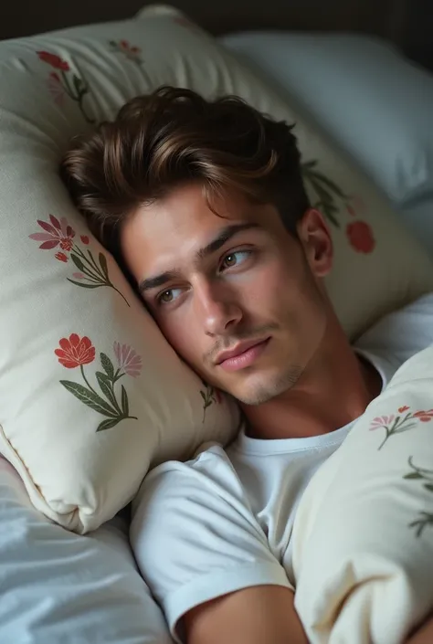 there is a man laying in bed with a flowered pillow, around 1 , taken in the early 2020s, 2 , 18 years old, 2 , full head shot, 21 years old, 2 , help me, 2 , 1 , 2 