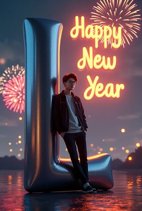 “An ultra-realistic 3D letter ‘L’ in metallic texture, with an 18-year-old boy casually leaning against it, wearing a modern outfit, glasses surrounded by a night sky full of vibrant fireworks, and ‘Happy New Year ‘ written in glowing golden text in the ai...