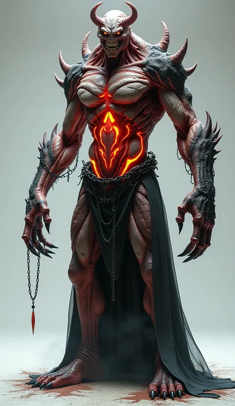 full-length demonic humanoid, T-pose, anatomically accurate body with signs of decay from hellfire, charred gray-red skin with cracks, through which magma shines through, deep wounds with smoldering edges, partially melted muscles, protruding blackened bon...