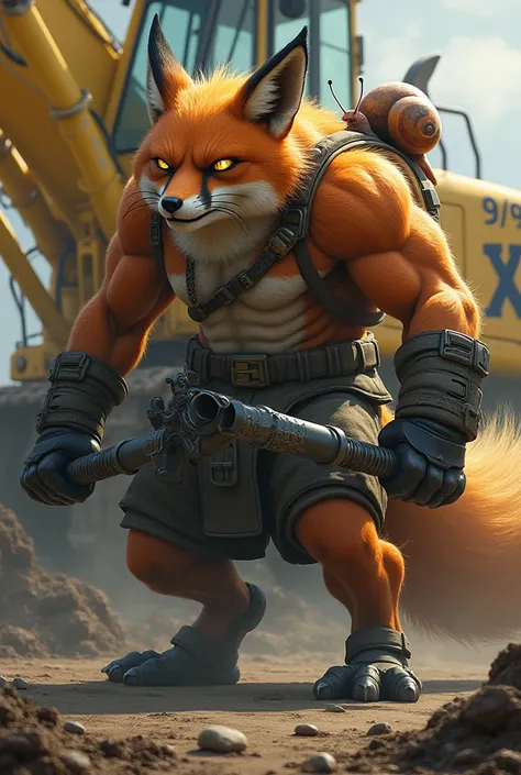  Evil muscular fox with weapon and snail on the shoulder. Yellow excavator with xp9 writing in the background 