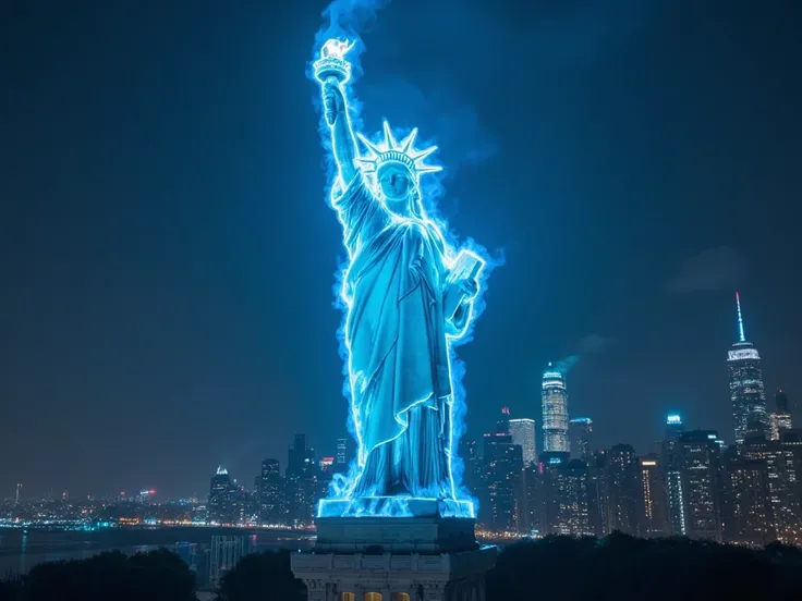 Statue of Liberty in blue flames with a view of the city and without people