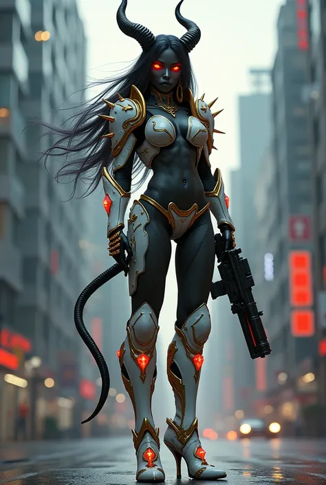 Create a muscular Tall, muscular bodybuilder sci-fi fantasy demon girl image with a black skin color body, long Cyberpunk hair Wearing White and gold armor with a glowing pattern, horns and spikes, a Heavy machine gun wearing high heels with a red glowing ...