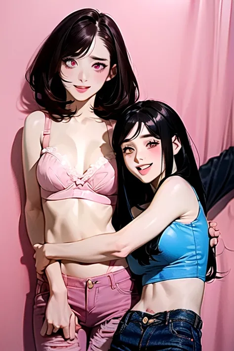 (((deep pink bra))), Very detailed、highest quality、Best image quality、masterpiece、8k、Anime Face、A kind smile、Open Mouth、((black middle hair:1.5))、big breast, sexy、 beautiful body 、Cowboy Shot, Sexual Intercourse, ((pink eyes)), hotel bedroom, ((( Jeans)))