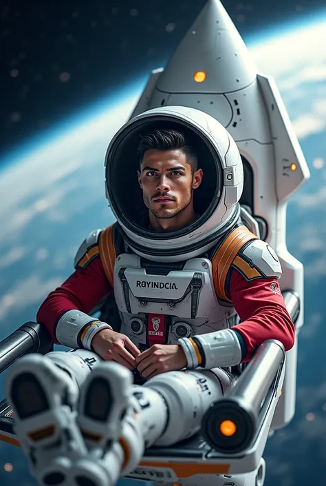 Famous footballer Ronaldo siting in ai rocket and go to space 
