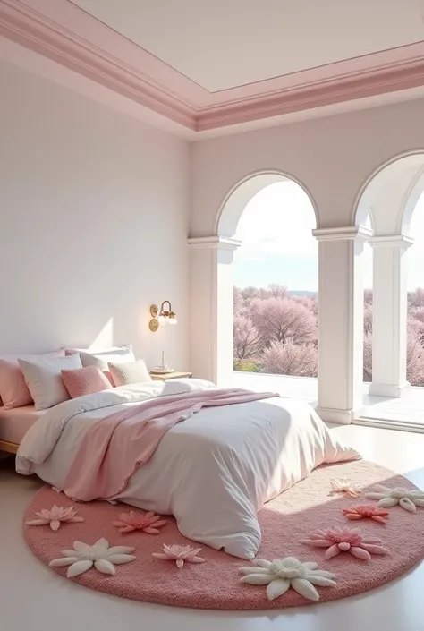 a white princess room , with pink details,  large double bed with several pillows ,  a huge space in the middle of the bedroom ,  round rug divided into several different flowers ,  huge porch overlooking the white flower garden.