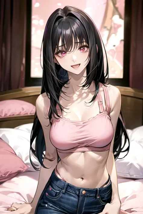 (((deep pink bra))), Very detailed、highest quality、Best image quality、masterpiece、8k、Anime Face、A kind smile、Open Mouth、((black middle hair:1.5))、big breast, sexy、 beautiful body 、Cowboy Shot, Sexual Intercourse, ((pink eyes)), hotel bedroom, ((( Jeans)))