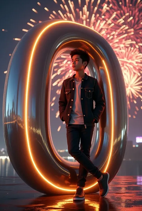 “An ultra-realistic 3D letter ‘O’ in metallic texture, with an 18-year-old boy casually leaning against it, wearing a modern outfit, surrounded by a night sky full of vibrant fireworks, and ‘Happy New Year ‘ written in glowing golden text in the air.”