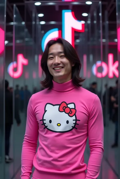 A handsome Korean man with long hair smiling, his head wearing a womans bra, wearing a pink Hello Kitty Turtleneck, standing in the middle of a dark transparent glass room, with minimal lighting, with a very large TikTok logo in the background.