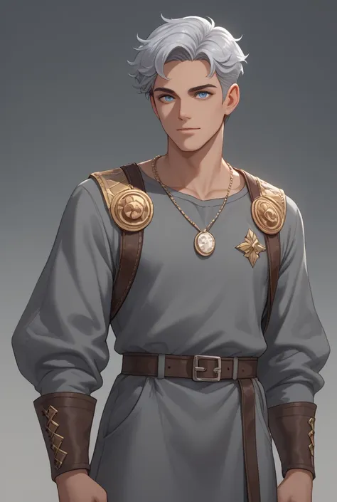  Apollo has slightly wavy and short silver hair ,  shimmering blue eyes that seem to glow in the dark ,  and skin with a gray undertone that betrays his heavenly heritage.  He wears a gray leather-reinforced tunic ,  sturdy boots and a necklace with a wing...