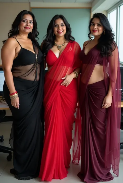 3 Indian white skin ladies, curvy body, low hip saree, in office, posing in transparent saree, left one in black transparent saree, low neck, centre one in red transparent saree, right one is in dark wine saree, showing navel, 8k images, bright lighings, 