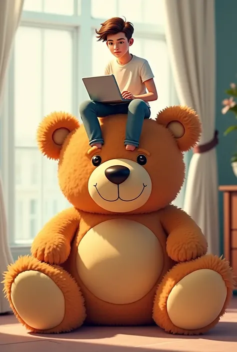 Male student sitting on face of teddy bear