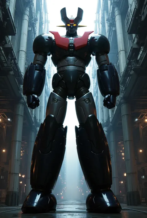  a very realistic version of the modified Mazinger Z,  Standing 100 meters high in a forward leaning position.   constructed with modern materials such as steel  ,   Carbon Fiber  ,   Other industrial elements are also visible  ,   just like the real thing...