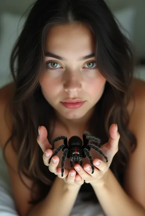 Best quality, 16k, masterpiece: 2.0, Mexican red-knee tarantula (Brachypelma smithi), , 1.60 m tall, beautiful teenager, Onlyfan influencer, sexy, German woman with long black hair, her face is without make-up and naturally beautiful, without make-up, thin...