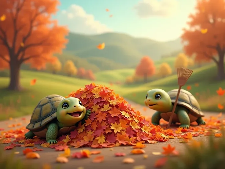 A cute little turtle with a big smile playing in a huge pile of autumn leaves.  Next door there is another turtle that scrapes the leaves with a rake . In a country setting .