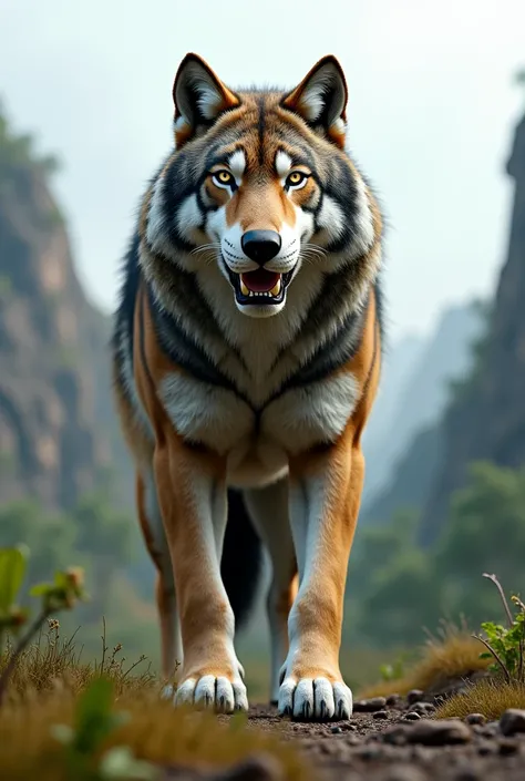 A highly detailed, victorious wolf in a realistic style, standing triumphantly after outsmarting a tiger, full body shot, long shot, photorealistic 8K resolution.