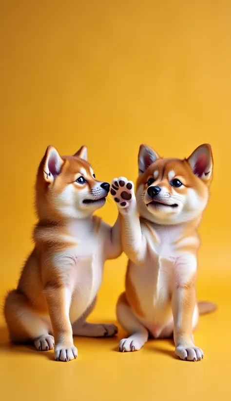 Generate realistic photo of Shiba kitten and puppy together with their raised paw in the form of a greeting that illustrates in a message: "If you look at my little eyes ,  I promise youll forget everything I broke .