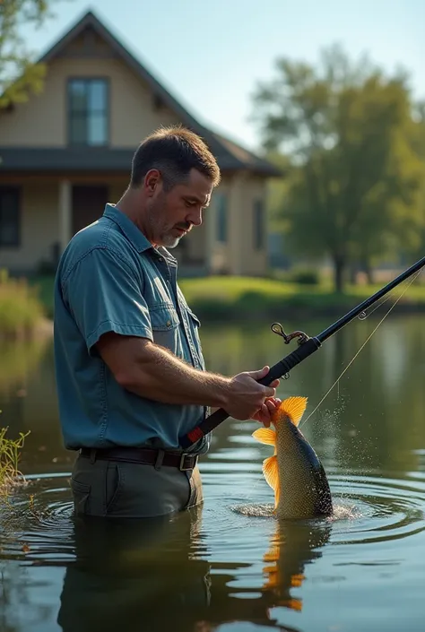 A man was fishing for fish in a reservoir behind a house using essen hyper strike and getting a large tilapia fish