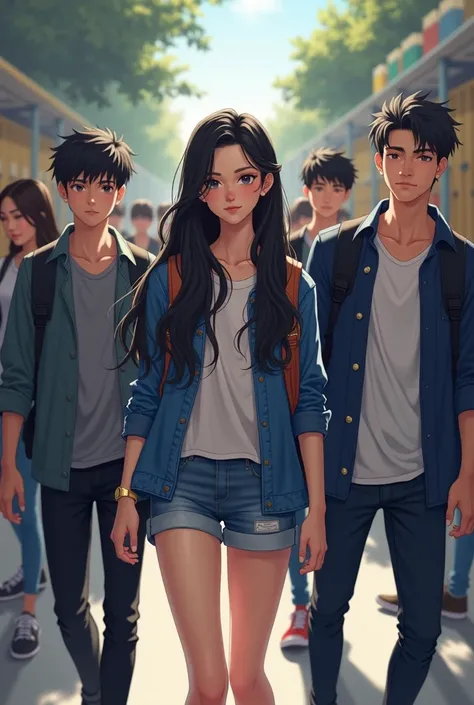 teenage high school students, 1 girl with long black hair, and 3 handsome boys with black hair