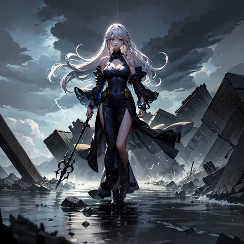 (((masterpiece, best quality, high detailed, 16k))) (1girl) A celestial goddess with long flowing silver hair that blends into stormy winds. Her piercing blue eyes glow like the depths of the night sky. She wears robes of swirling clouds, laced with golden...