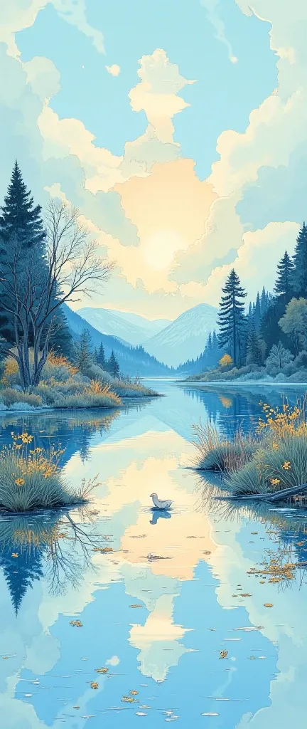 (masterpiece:1.2,Outstanding quality,Mirror finish, Best Illustration ),8k,16k,wallpaper,(Quiet Lake),(morning haze),(Quiet Lake畔の森の影),(A cuckoo is croaking ),(Watercolor),( Dynamic ),( beautiful gradation),(Tranquility VFX )