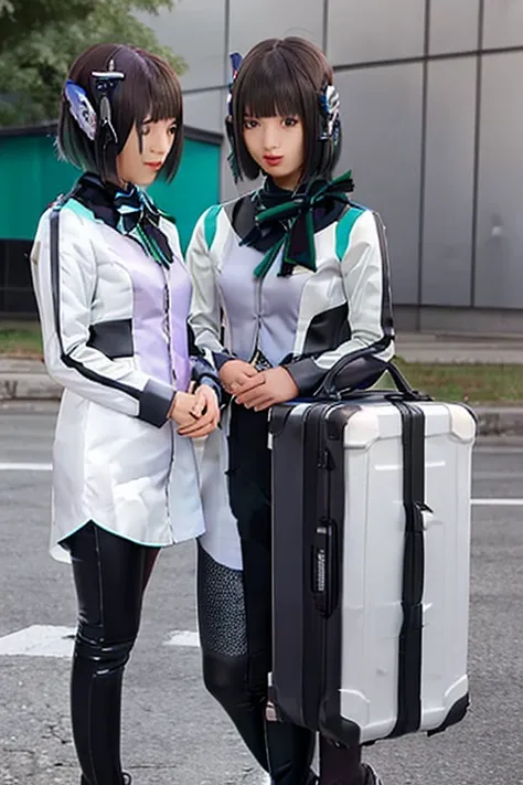   A woman is interviewing a female student 。 a female student is wearing a latex catsuit。 Cat ears carrying an attache case