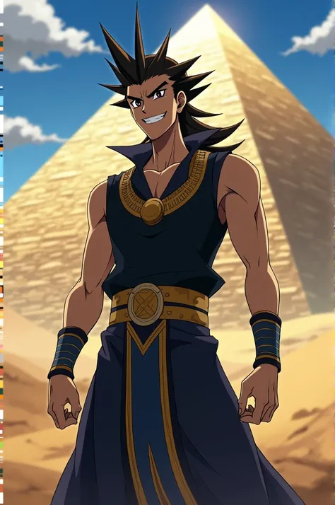 1 male man,  anime style ,  traits of Kazuki Takahashi ,  Yugioh dualist clothing ,   black sleeveless shirt ,  hair parted in half ,  tile style haircut , black eyes, evil smile, Egyptian pharaoh clothes ,  pyramid of light background in the desert 