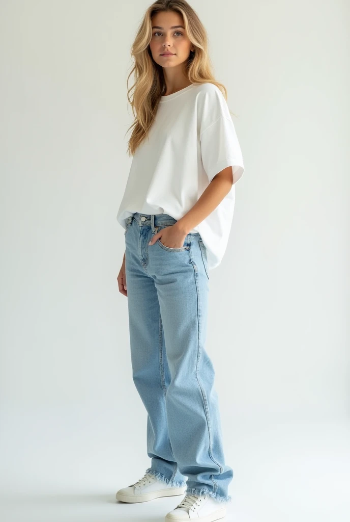 "Hyper-realistic and detailed full-body photo of 1 girl standing casually in a modern photography studio. She has blonde hair styled in soft waves falling over her shoulders, brown eyes with a relaxed and confident expression, and a subtle smile that adds ...