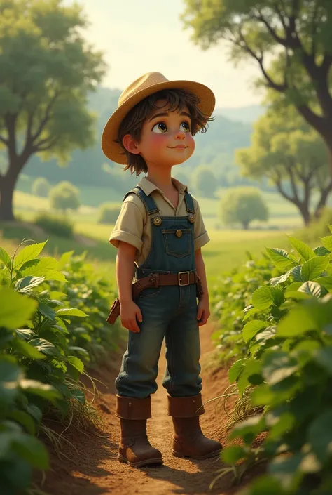 a farmer boy is in standing in farm with dreamy lighting