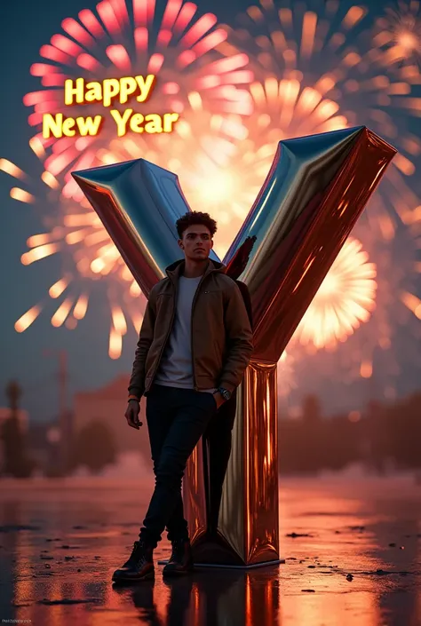 “An ultra-realistic 3D letter ‘Y’ in metallic texture, with an 18-year-old boy casually leaning against it, wearing a modern outfit, surrounded by a night sky full of vibrant fireworks, and ‘Happy New Year ‘ written in glowing golden text in the air.”