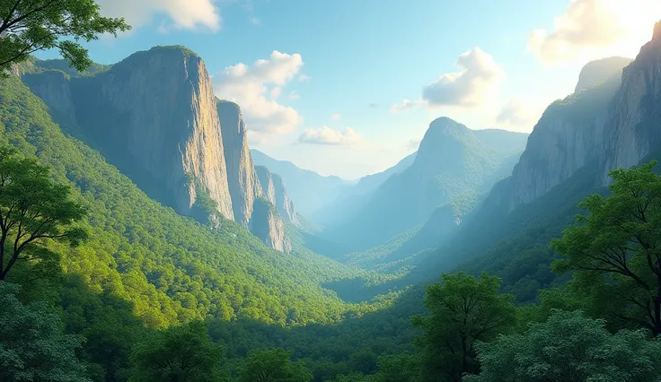 Summer at Seoraksan National Park: A serene summer scene with vibrant green forests and clear blue skies. The towering peaks of Seoraksan are bathed in sunlight, and a gentle breeze rustles the trees, creating a peaceful mood.
