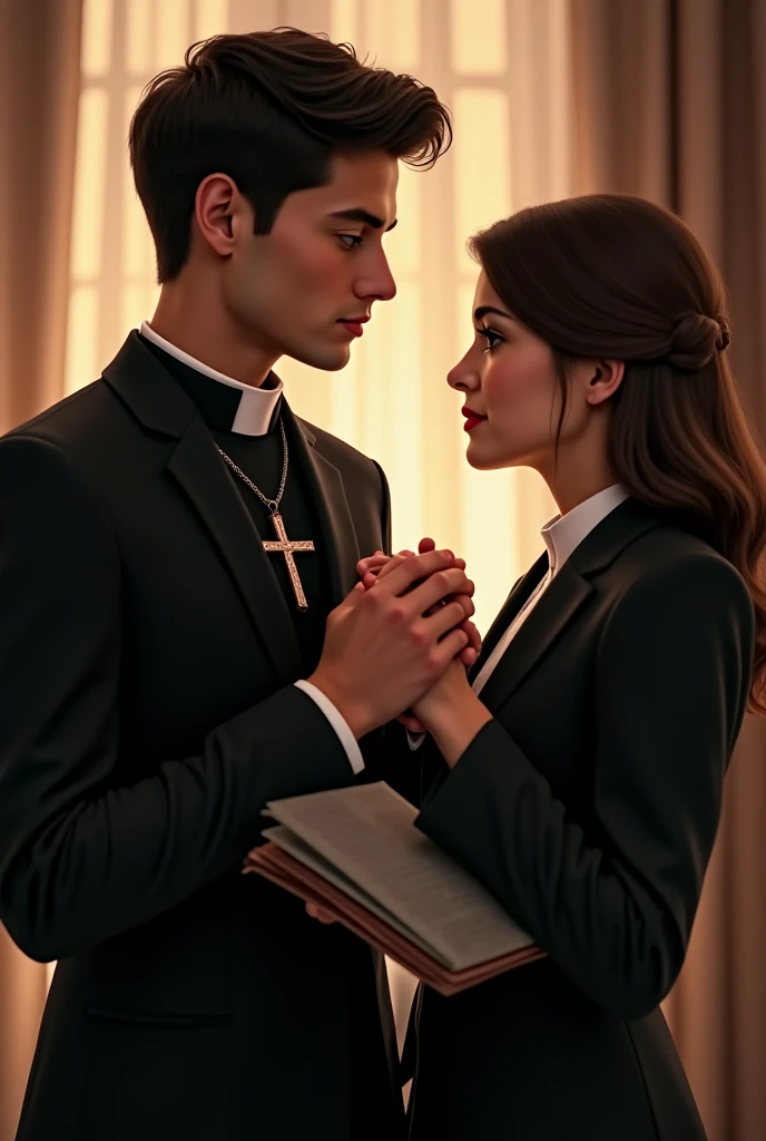 A young man dressed as a church priest is holding his wifes hands romantically. She is a lawyer. She is holding case notes 