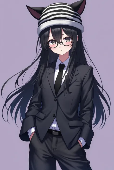 Female anime fair skin long black and messy hair with gray eyes rounded glass lenses with a winter hat shaped like a cats ear with lots of black and white stripes with a suit and tie a wide dark gray jean pants on a purple background  