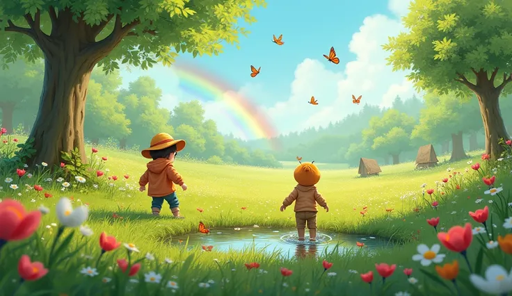 A lush green meadow filled with blooming flowers of every color. Butterflies flutter around as ren dressed in light jackets and hats splash in small puddles. A rainbow stretches across the sky, and birds perch on tree branches, singing joyfully.