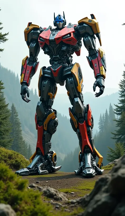 Make a picture of a robot like in the Transformers movie, landing on hills dense with trees. The robot is displayed complete with the whole body, with colorful colors. made real