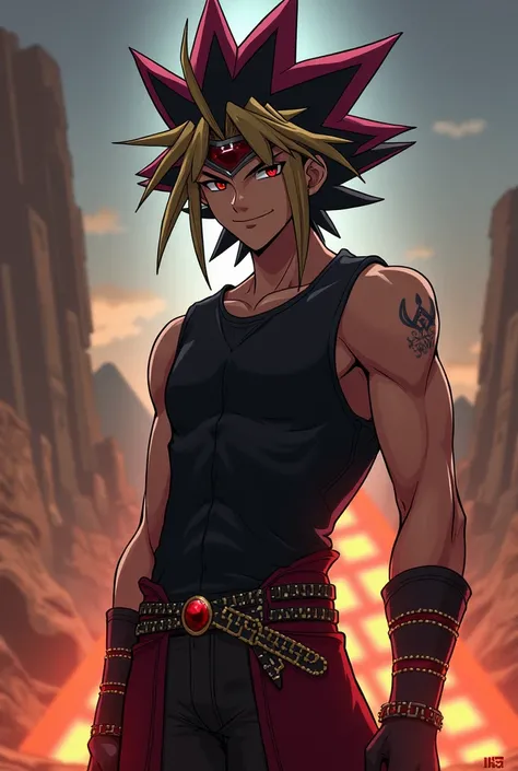 1 male man, anime style, Kazuki Takahashi traits, yugioh dualist outfits, black sleeveless shirt, hair broken in the middle, brick-style haircut, black eyes, evil smile, pharaohs clothes, very detailed,
Firm, perfect, pyramid bottom of light in the desert....